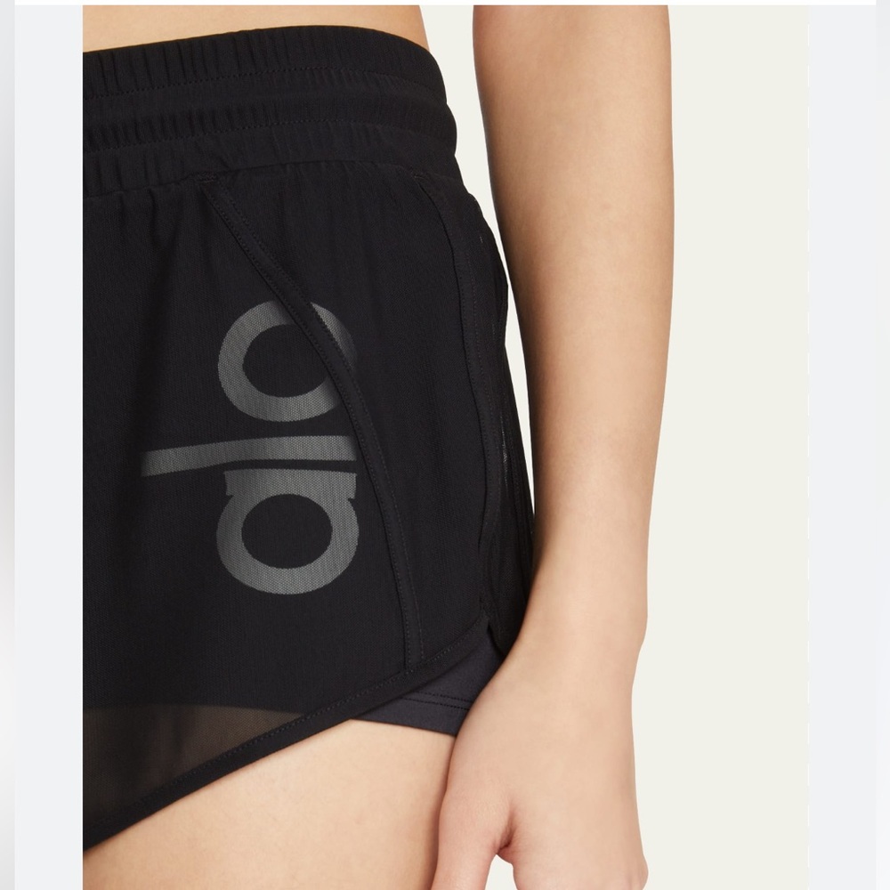 ALO Yoga Black Mesh Layered Graphic Shorts